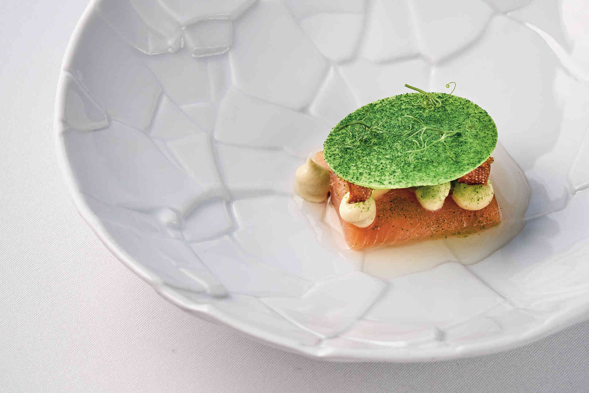 Ein Gericht von Andreas Senn: Bachsaibling aus Tainach mit Sonnenblumenkernen, Artischocke und Gurke ©Annette Sandner