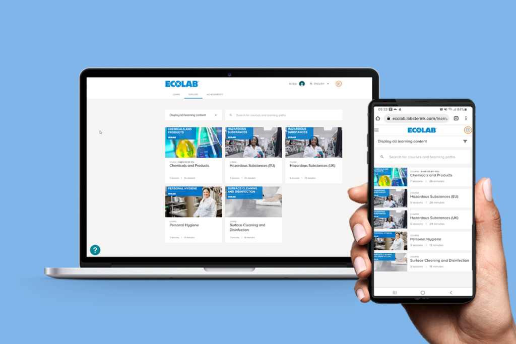 Professionelles E-Learning-Tool steht mit ausgewählten Schulungen rund um die Uhr auf allen Geräten zur Verfügung © Ecolab
