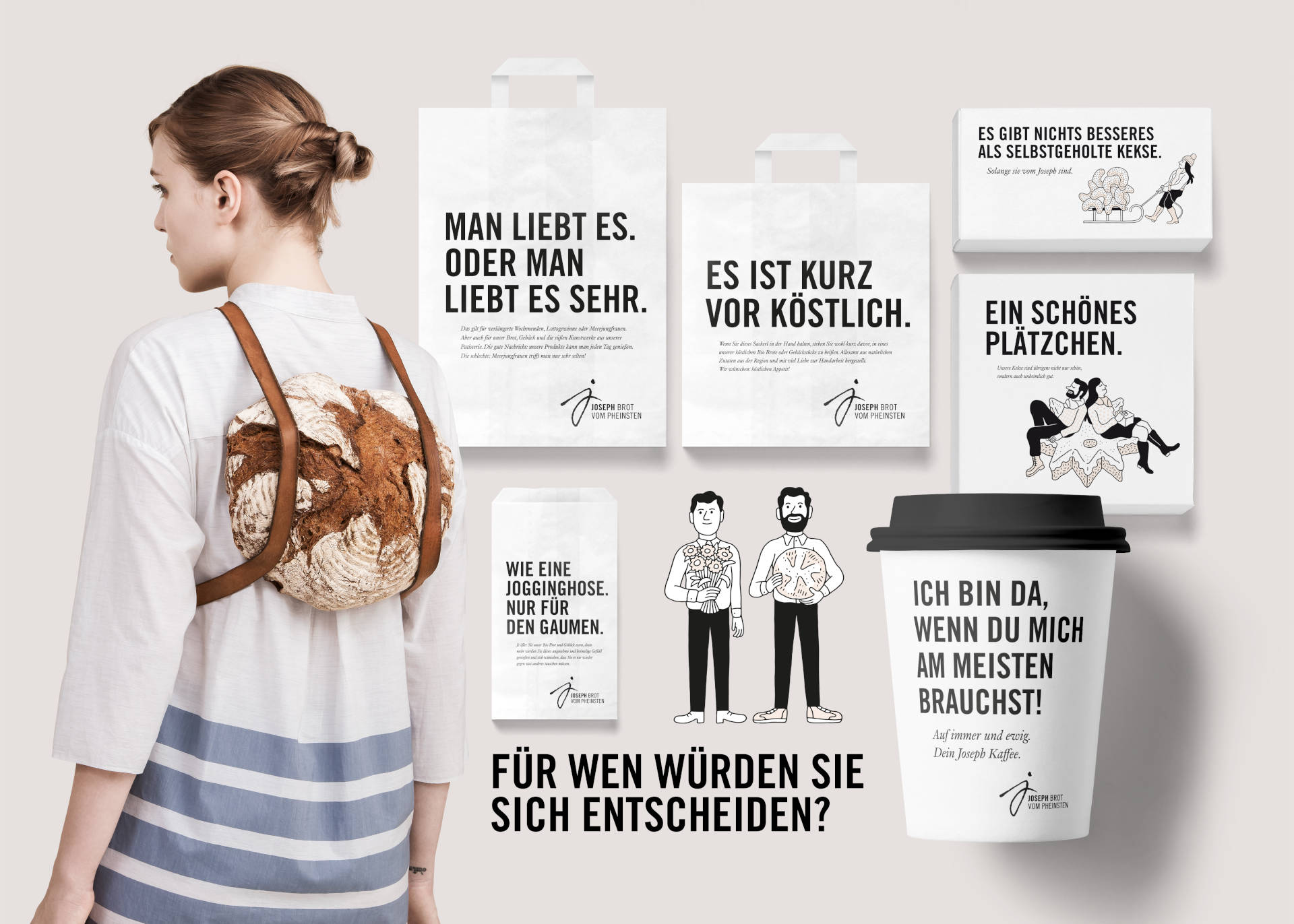 Die Werbemittel von und für Joseph Brot überzeugen mit reduziertem Design und pointierten Sagern.