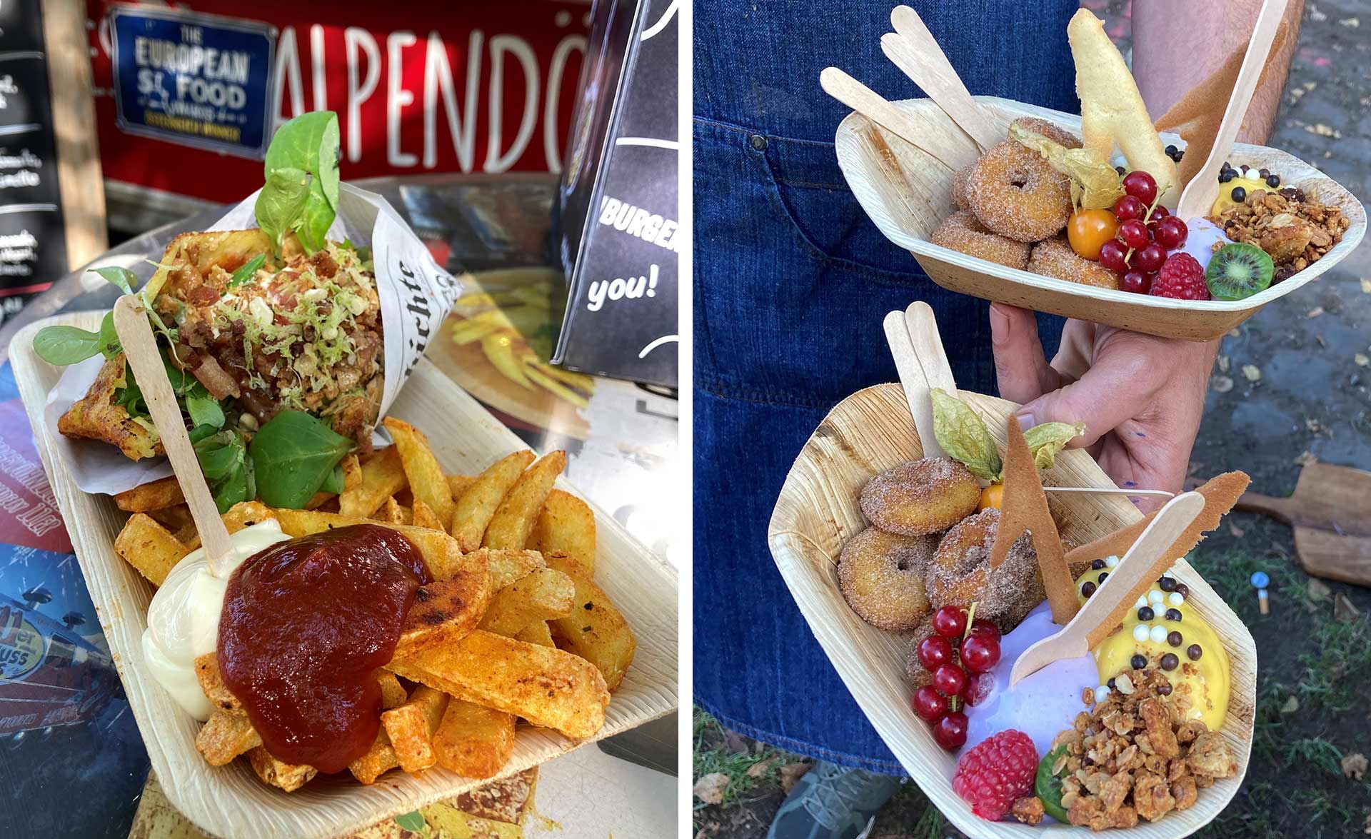 Der »11er Alpendöner« in der Variante »Montana« und der »Foodtruck Sweetie of the day« mit Minidonuts und und hausgemachtem Kartoffel-Eis. © 11er Nahrungsmittel GmbH