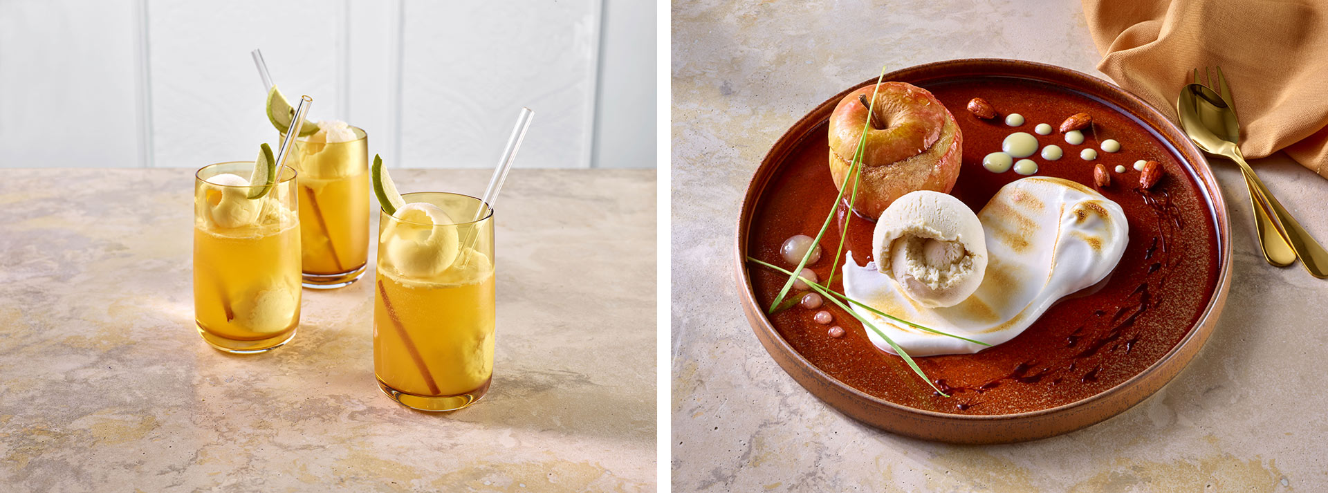 Kreativ und köstlich: Der Lillet-Bratapfel-Aperitif und das Bratapfel-Dessert mit veganem Vanille-Eis. Foto beigestellt