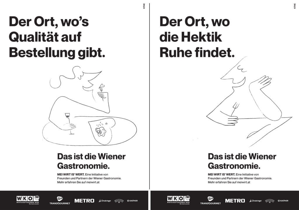 Zwei der neuen »Mei Wirt is' wert«-Sujets. © KTHE | Team Farner/WKW