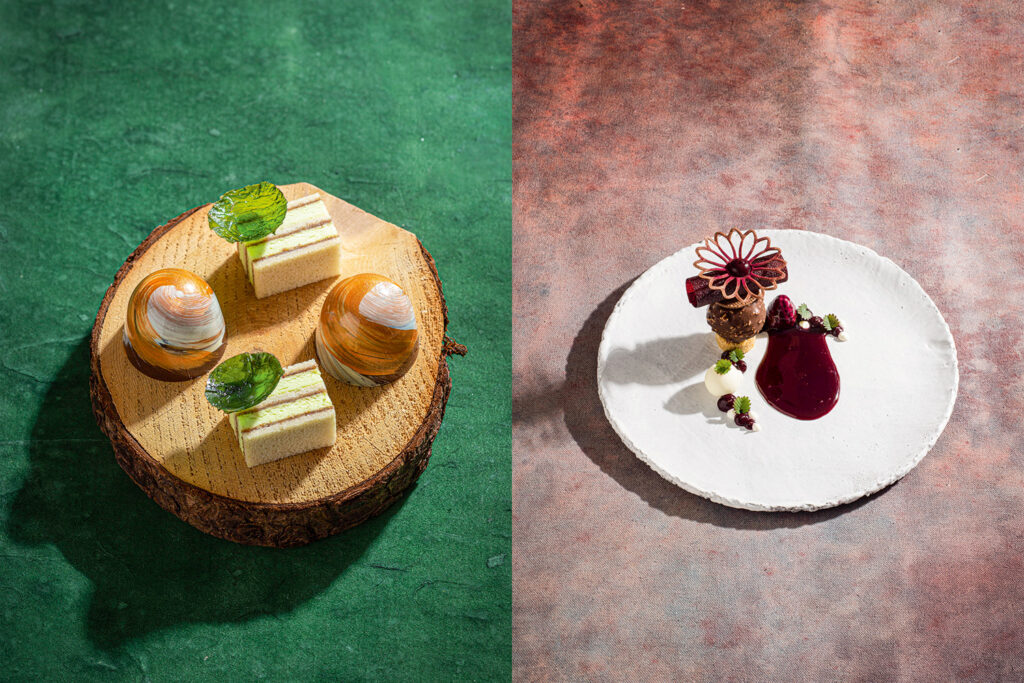 Jaimy Reisingers »Petit Fours« aus Wasabi, Pekannuss und Kaffee mit Salzkaramell-Praline sowie die »Süße Kunst« aus Brombeere, Kastanie, Ziegenkäse und Zimt. © Joerg Lehmann